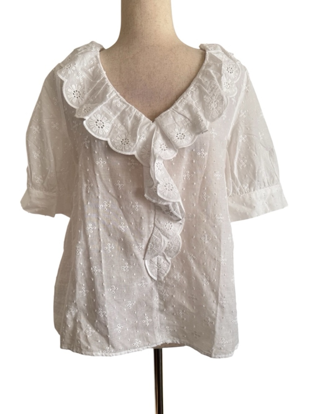 LOFT White Eyelet Ruffle V-Neck Blouse
